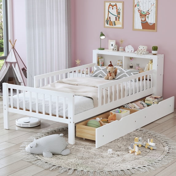 Twin Size Platform Bed with Storage Headboard 3 Side Guardrails,Wood Platform Bed with Double Drawer Storage, for Children's Room, Bedroom, White