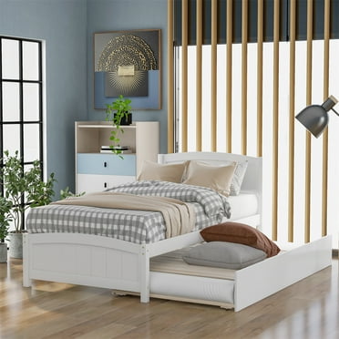 Twin Size Platform Bed with Trundle,Solid Wood Bed Frame with Headboard for Kids Adults Guest Room,No Box Spring Needed, White