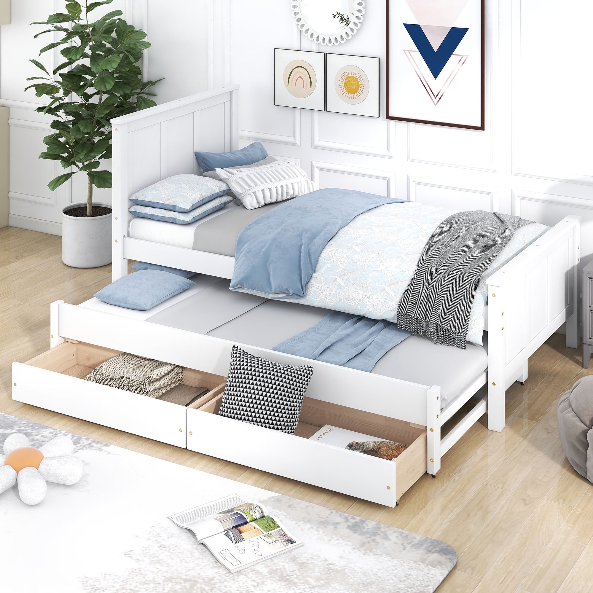 Twin Size Platform Bed with Trundle and Drawers, White