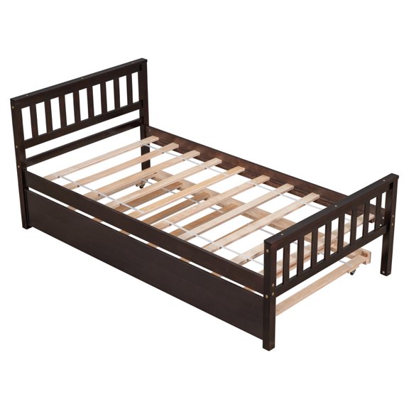 Twin Size Platform Bed with Trundle and Headboard Footboard, Wood Bed Frame with Under Pull Out Bed and Guardrail
