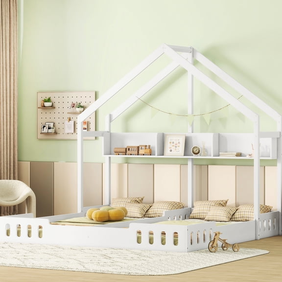 Twin Size Platform Beds In Creamy White With Guardrail And Extra Shelf Designs House Space