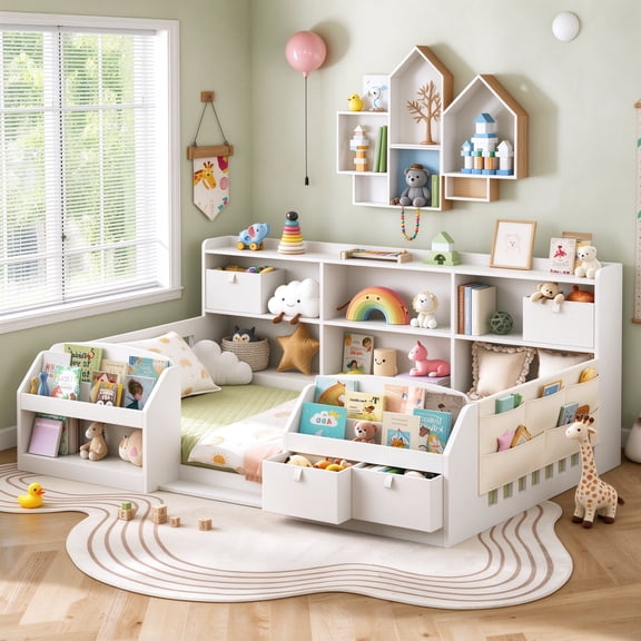 Twin Montessori Floor Bed with High Safety Rails, Bed Frame with Storage Bookcase& Shelves& Fabric Drawers, Sturdy Wooden Platform Bed Frame, White