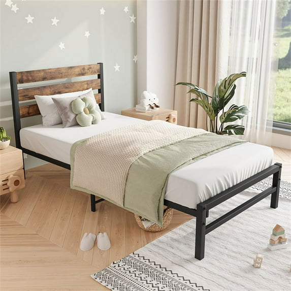 Twin Size Platform Frame, Metal Rustic Vintage Bed Frame with Brown Wood Headboard and Under Bed Storage, Strong Metal Slats Support Mattress Foundation, No Box Spring Needed, Black
