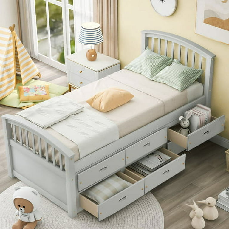 Twin Size Platform Storage Bed Solid Wood Captains Bed with 6