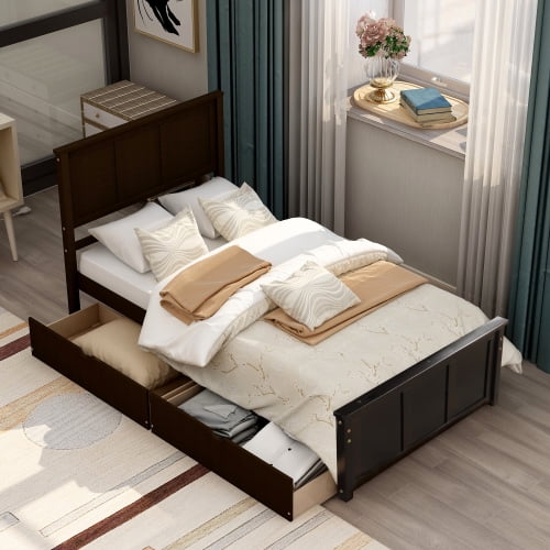 Twin Size Platform Storage Bed, Wood Platform Bed with 2 drawers,Wheels Wood slats support and Headboard,No Box Spring Needed