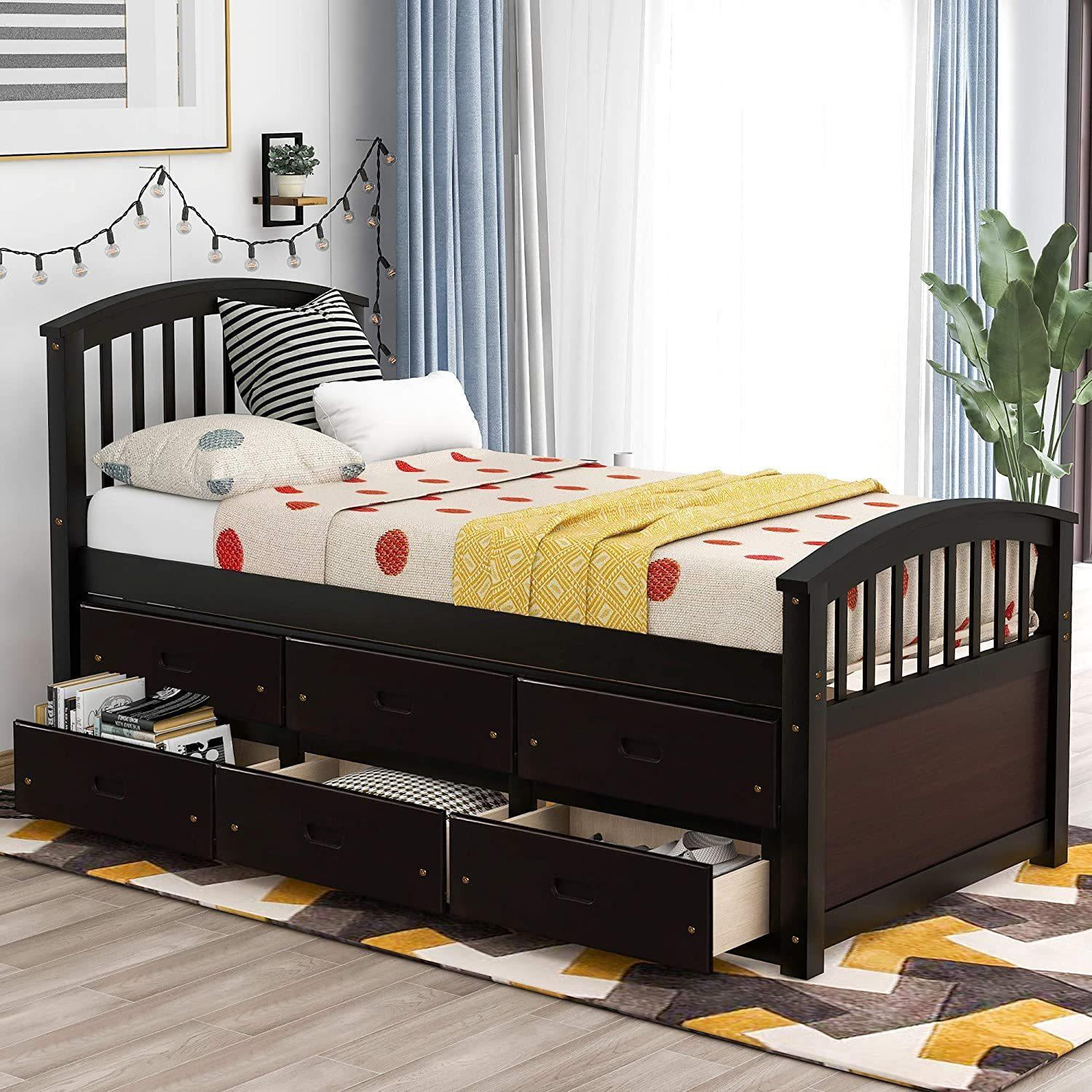 Twin Size Platform Storage Bed Wood Platform Bed with 6 Drawers