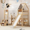 thumbnail image 1 of Twin Size Playhouse Design Loft Bed Frame with Storage Shelves and Tent, House-shaped Wooden Beds Frame with Removable Car-shaped Staircase and Slide, for Bedroom, Mattress Not Included,Natural+Beige, 1 of 10