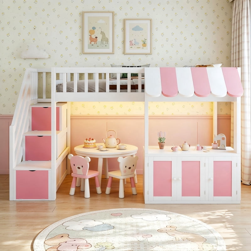 Twin Size Playhouse Kids Loft Bed with Eaves Design, Wood Child Bed Frame with Storage Staircase, LED Light & Under Bed Cabinets
