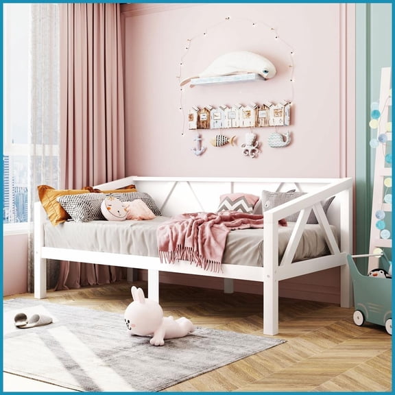 Twin Size Plywood & MDF Daybed Frame with Pine Legs – No Box Spring Needed, White for Guest/Living Room
