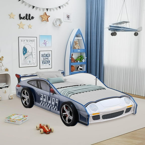 Twin Size Police Car Bed for Kids - Blue Wooden Frame with LED Lights, Wheels & Slat Support ,No Box Spring Needed