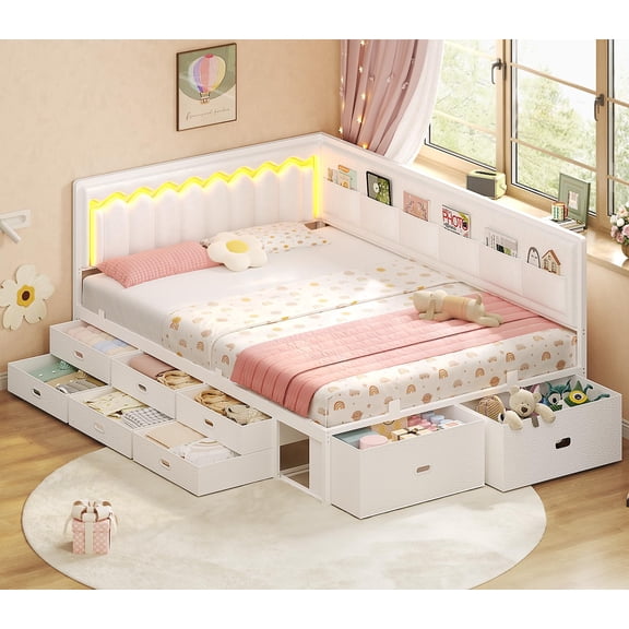 Full Size Corner Bed Frame with 8 Drawers, 6 Storage Pockets, Full Daybed with RGB Lights Wave,Upholstered Platform Bed with L-Shaped Guardrail,White