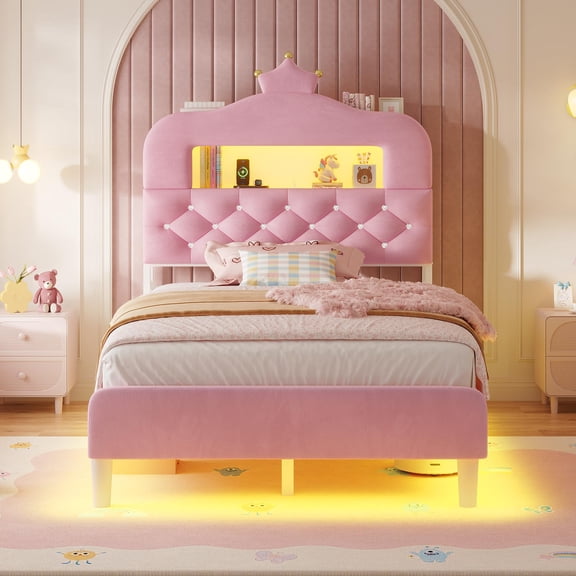 Twin Size Princess Bed Frame with 2-Tier Storage Bookcase, LED Headboard ,Velvet Upholstered Platform Bed with Charging Station,Crystal Button & Crown, No Box Spring Needed, Pink