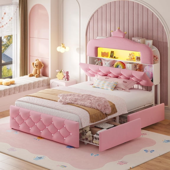 Twin Size Princess Bed Frame with 4 Storage Drawers and 2-Tier Storage Bookcase,Velvet Upholstered Platform Bed with LED Light & Charging Station,Crystal Button & Crown Headboard, White