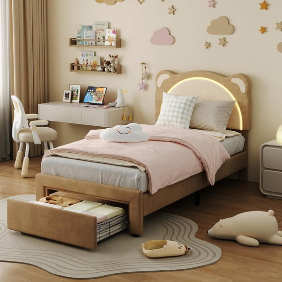 Twin Size Princess Bed Frame with LED Lights & Storage Drawer, Velvet Upholstered Headboard Platform Bed -App & Remote Control, Wood Slat Support, No Box Spring Needed, (Twin/Coffee/Drawer)