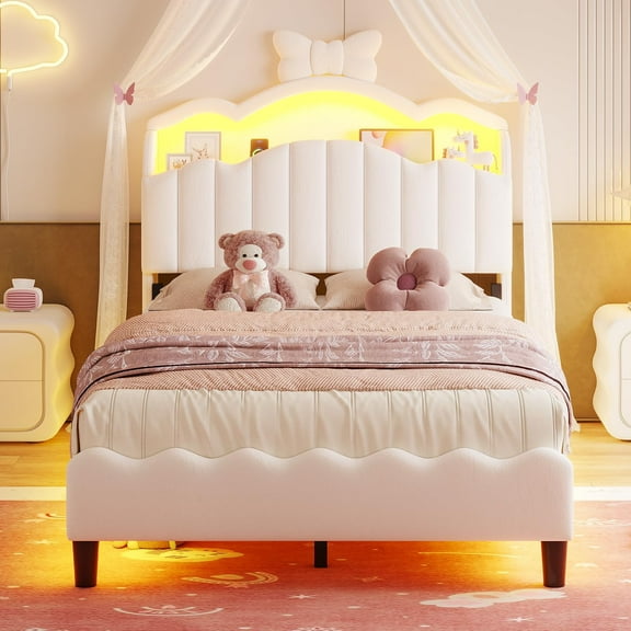 Twin Size Princess Bed Frame with Storage Headboard, Velvet Upholstered Platform Bed with LED Light & Charging Station,Bow Accent, No Box Spring Needed, Beige