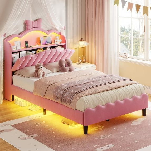 Twin Size Princess Bed Velvet Upholstered Platform Bed with LED Light & Charging Station,with Storage Headboard, Bow Accent, No Box Spring Needed, Pink