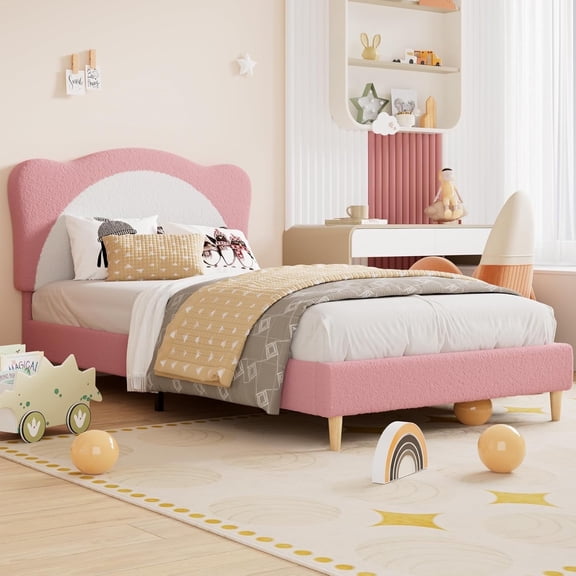 Twin Size Princess Bed Frame - Adjustable Scallop Headboard, Velvet Upholstered, No Box Spring Needed, Pink + White