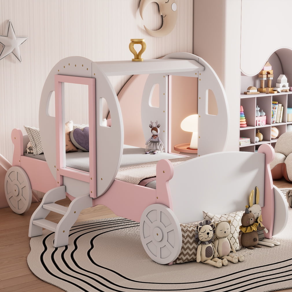 Twin Size Princess Carriage Bed Toddler Cute Platform Car Bed Frame Wooden Twin Size Car Bed with Crown and Stair for Kids Girls No Box Spring Needed White Pink Walmart