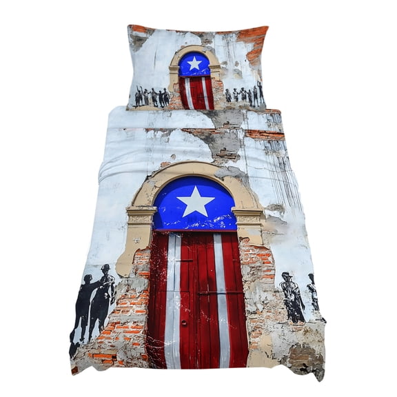 Twin Size Puerto Rico Sheet Sets Flag Country Rustic Shabby Door Wall Graffiti Soft Breathable Microfiber Bed Sheets Deep Pockets 4 Piece Bed Sheets Set, 1 Fitted Sheet, 1 Flat Sheet & 1 Pillowcases