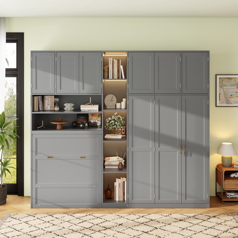 Twin Size Pull Out Murphy Bed with Wardrobe & Shelves, Storage Platform Bed Frame with LED Display Shelves & Overhead Cabinets