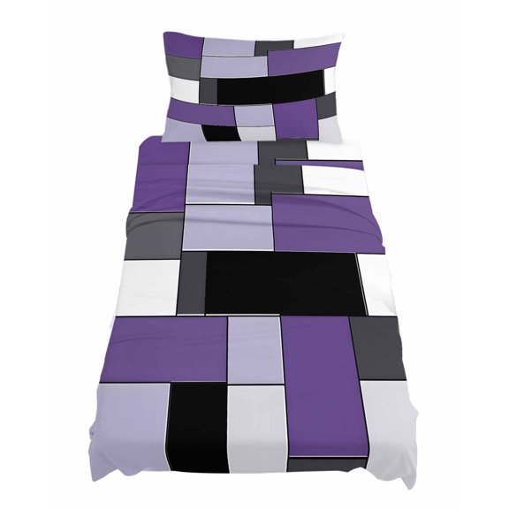 Twin Size Purple Black Sheet Sets Geometric Abstract Color Block Patchwork Soft Breathable Microfiber Bed Sheets Deep Pockets 4 Piece Bed Sheets Set, 1 Fitted Sheet, 1 Flat Sheet & 1 Pillowcases