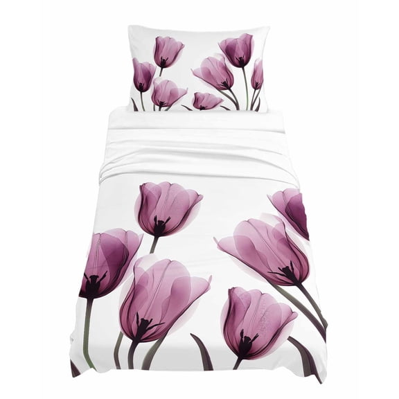 Twin Size Purple Tulip Sheet Sets X-ray Flower Transparent Floral Soft Breathable Microfiber Bed Sheets Deep Pockets 4 Piece Bed Sheets Set, 1 Fitted Sheet, 1 Flat Sheet & 1 Pillowcases