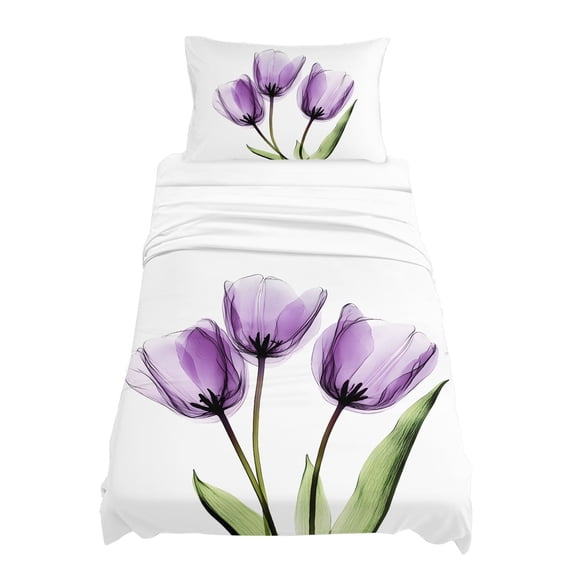 Twin Size Purple Tulip Sheet Sets X-ray Image Flower Abstract Transparent Floral Soft Breathable Microfiber Bed Sheets 4 Piece Bed Sheets Set, 1 Fitted Sheet, 1 Flat Sheet & 1 Pillowcases