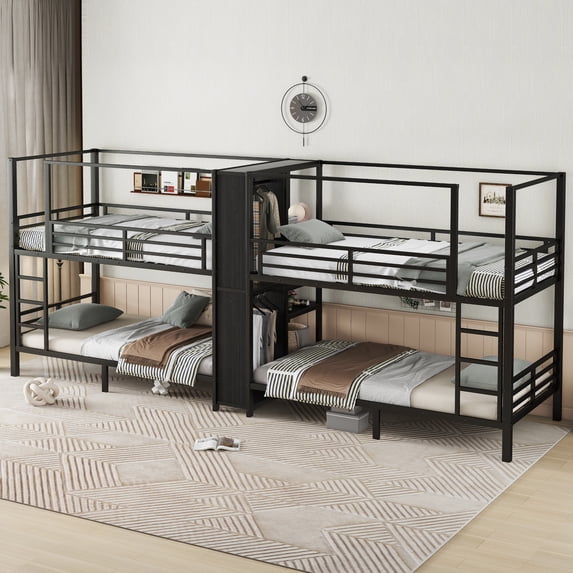 Twin Size Quadruple Metal Bunk Bed,Quadruple Bunk Bed with Built-in Storage Shelves & Wardrobe,Noise-reduced Design,Black