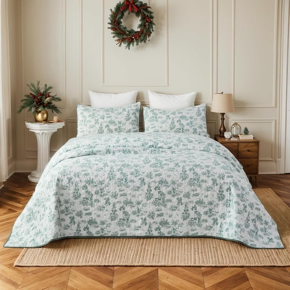 Twin Size Quilt Set  Cotton Green Toile Bedding Vintage Quilt Set 2-Piece