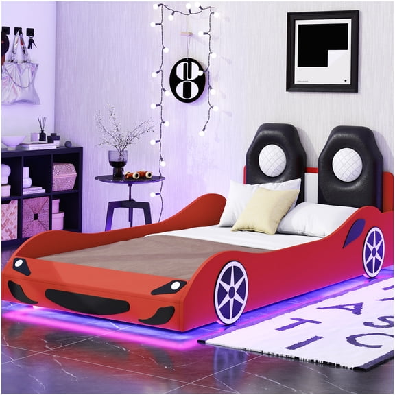 Twin Size Race Car Bed Frame with LED Light Strip, PU Leather Headboard, No Box Spring Needed