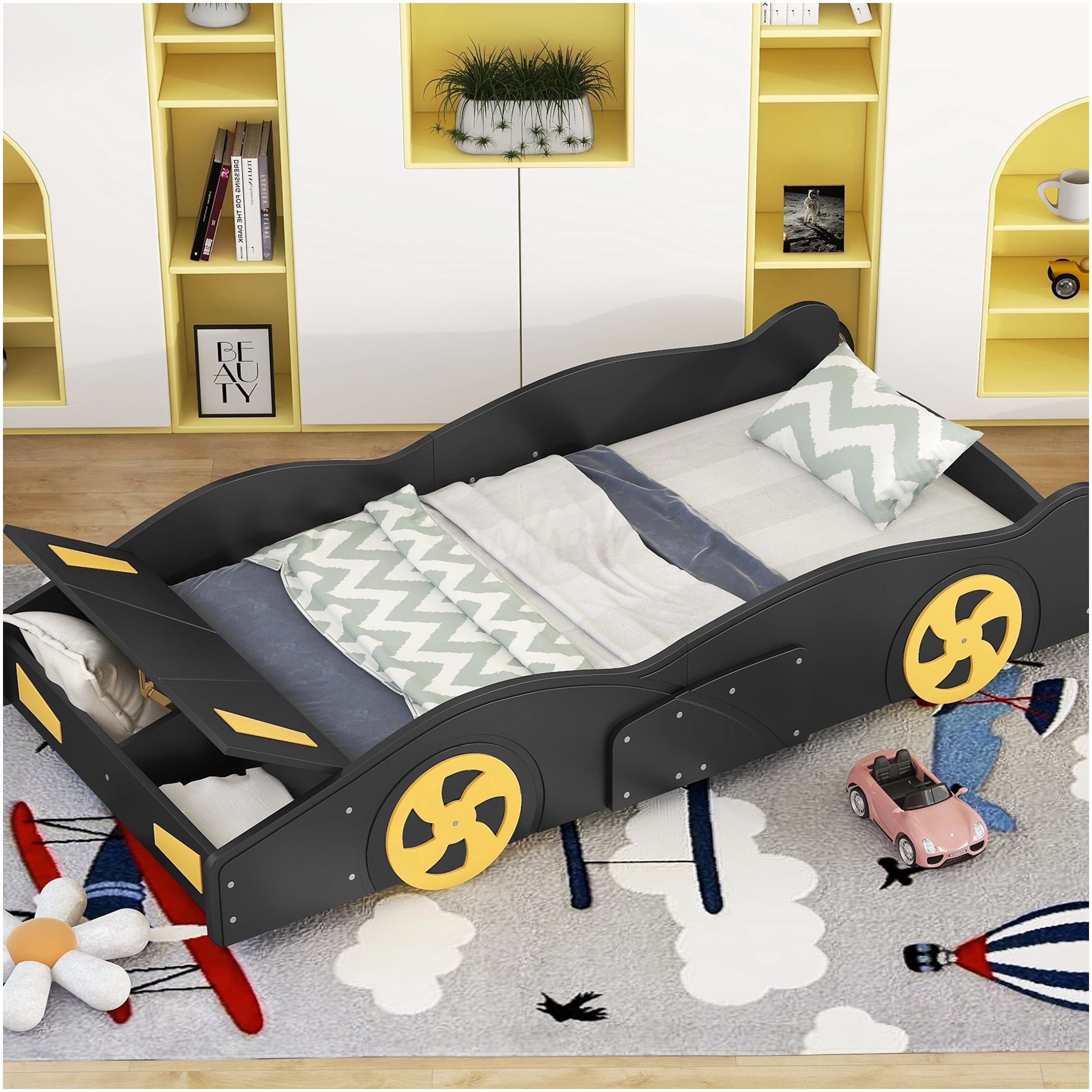 Twin Size Race Car Bed Frame with Storage & Wheels, Black & Yellow Modern Platform Bed