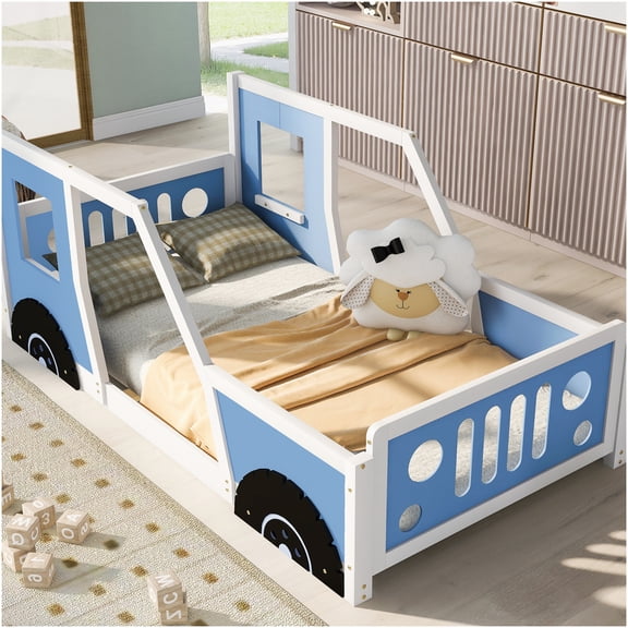 Twin Size Race Car Bed Frame with Wheels, Blue Platform Bed, No Box Spring Needed