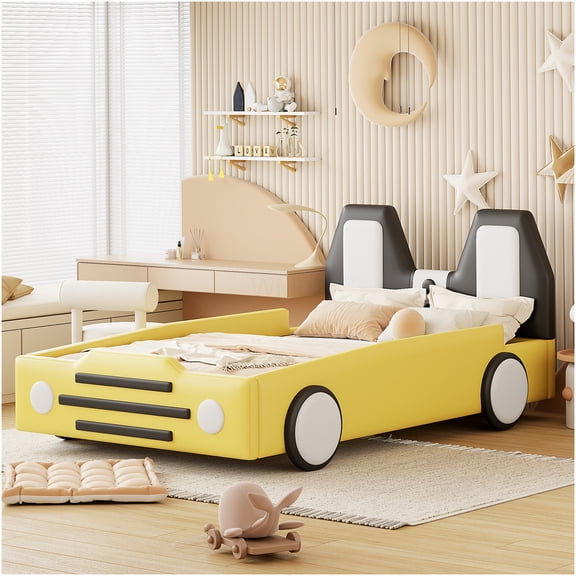 Twin Size Race Car Bed Frame with Wheels, Low Profile PU Leather Upholstered Platform Bed, Yellow