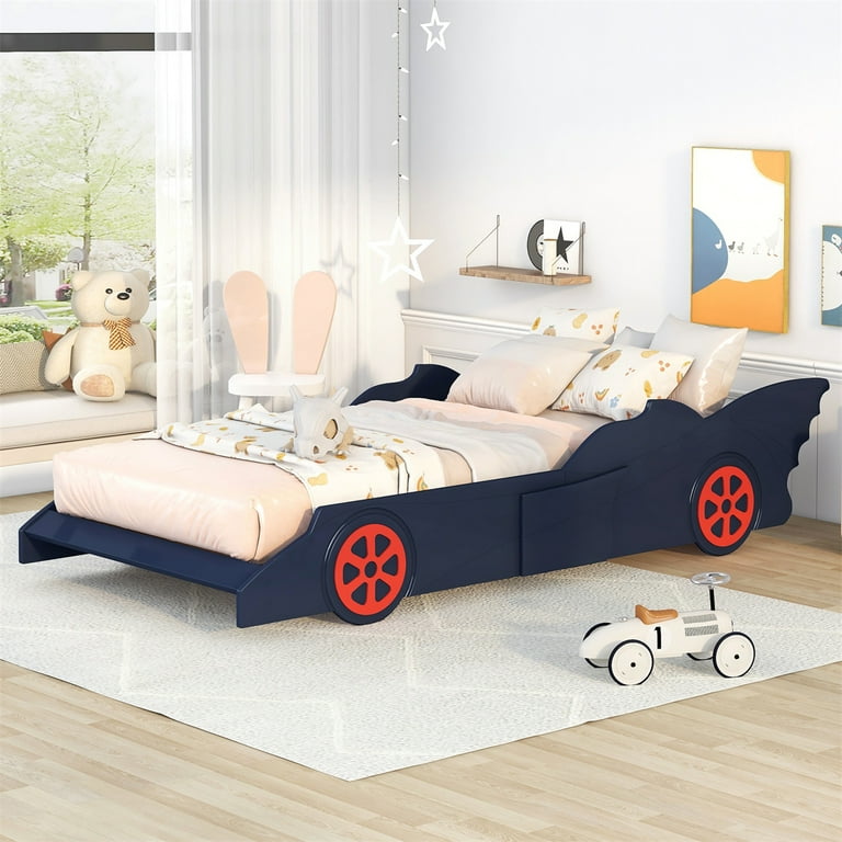 Twin Size Race Car Bed with Wheels Wood Platform Bed Frame with Slats Support Twin Floor Bed in Race Car Shaped for Kids Boys Girls No Spring Box