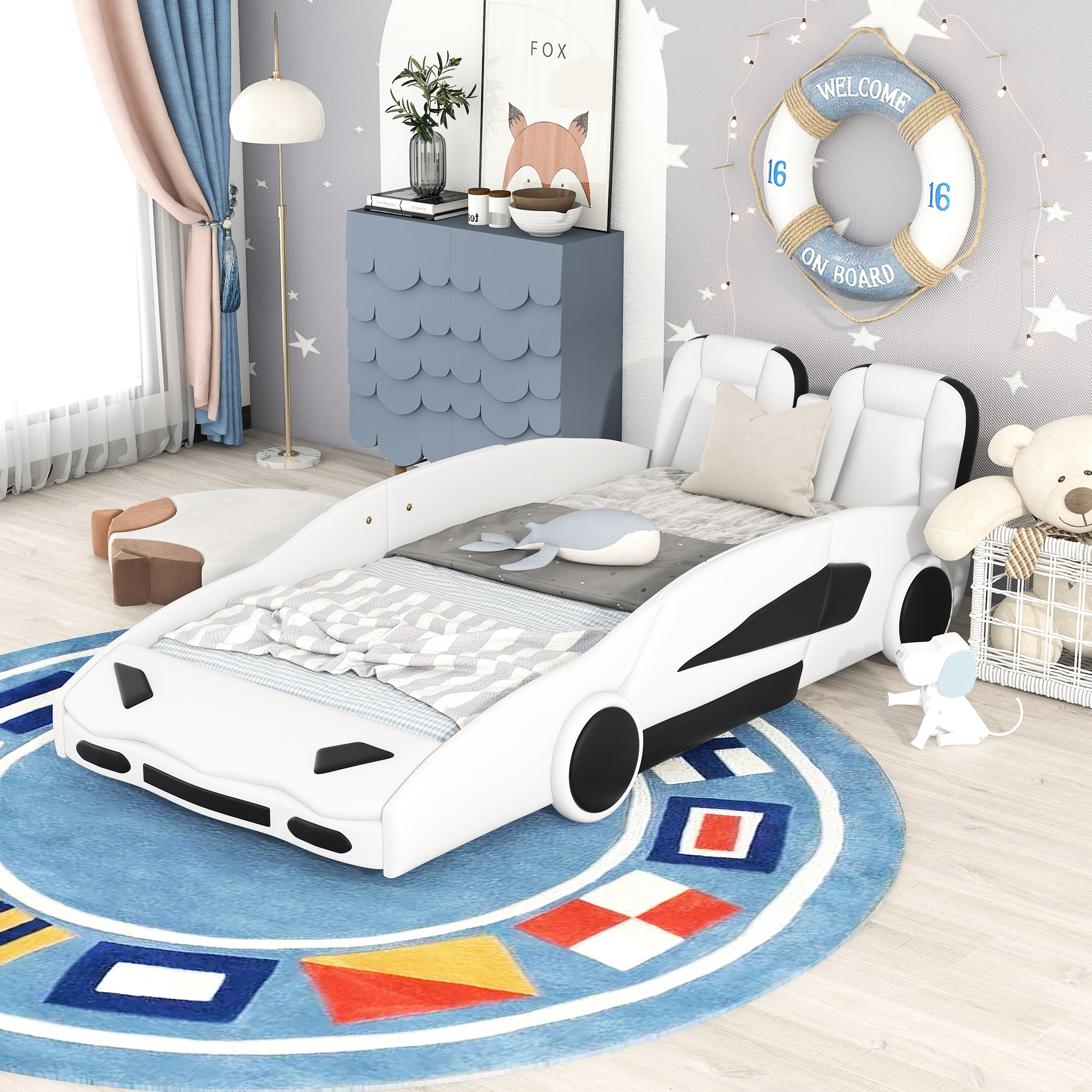 Twin Size Race Car Bed With Wheels, White - And Fashionable Shape Rolling Feature Wheels Guardrails Protected Bedroom Choice