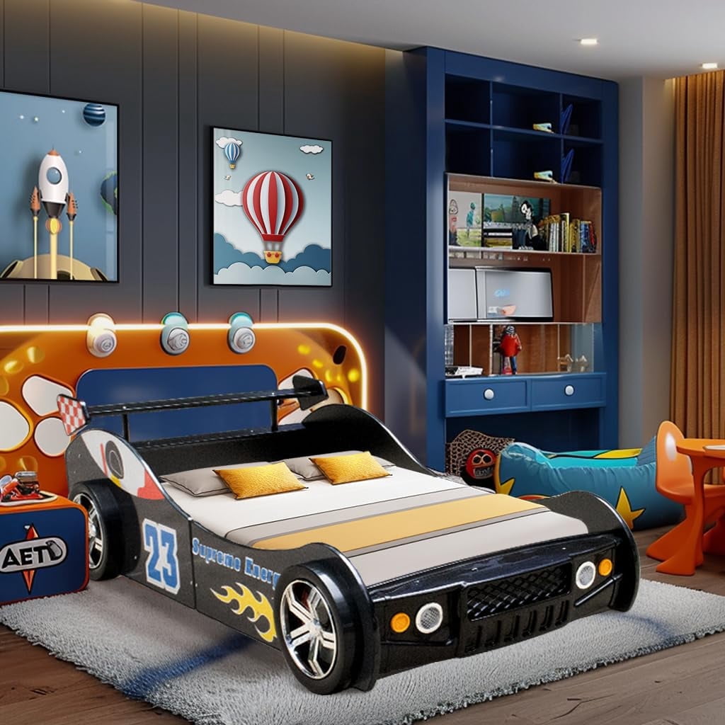 Twin Size Race Car Bed for Kids - Black Wooden Platform Frame with LED Lights, Wheels & Slat Support ,No Box Spring Needed