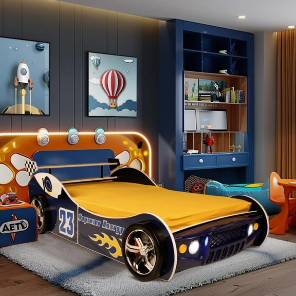Twin Size Race Car Bed for Kids - Blue Wooden Platform Frame with LED Lights, Wheels & Slat Support ,No Box Spring Needed