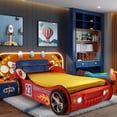 thumbnail image 1 of Twin Size Race Car Bed for Kids - Red Wooden Platform Frame with LED Lights, Wheels & Slat Support ,No Box Spring Needed, 1 of 8