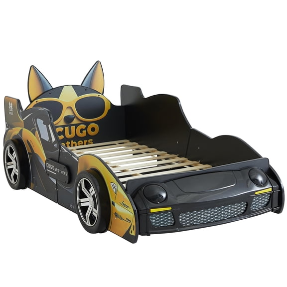 Twin Size Race Car Bed with LED Lights, Cartoon Dog Themed MDF Platform Bed with Guardrails