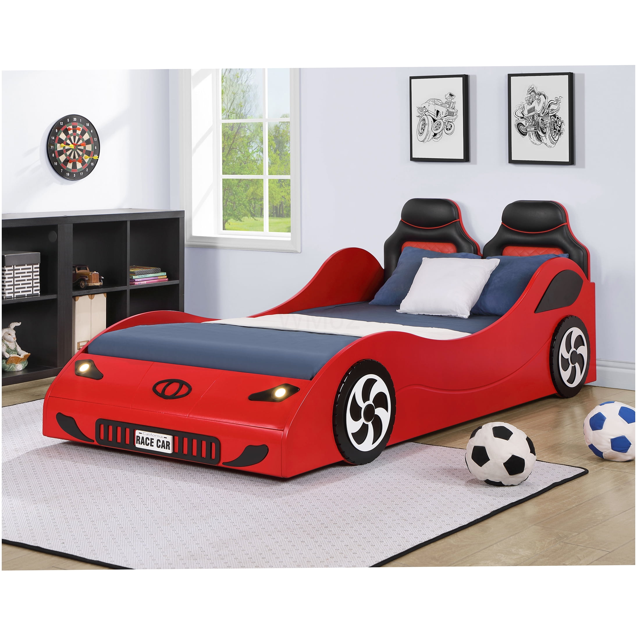 Twin Size Race Car Bed with LED Lights, PU Leather Upholstered Low Profile Platform Bed Frame