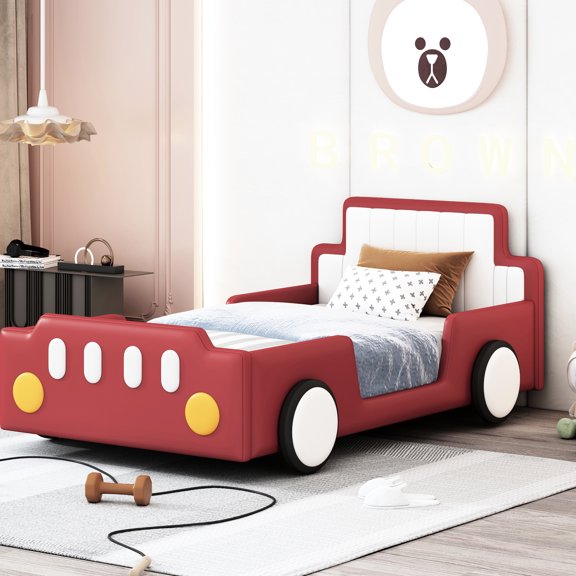 Twin Size Race Car Platform Bed In Red With Resilient And Stable Structure Wheels - Comfortable Resting Car-shaped Bed, Functional For Easy Mobility