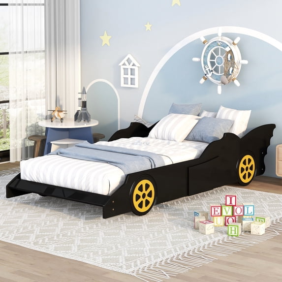 Twin Size Race Car-Shaped Bed Frame with Wheels, Wood Platform Car Bed Frame with Guradrail