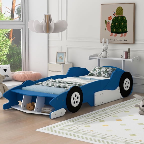 Twin Size Race Car-Shaped Platform Bed Frame with Wheels, Wooden Car Shaped Bed for Bedroom, Apartment, Easy Assembly, No Box Spring Needed, Mattress Not Included, Blue