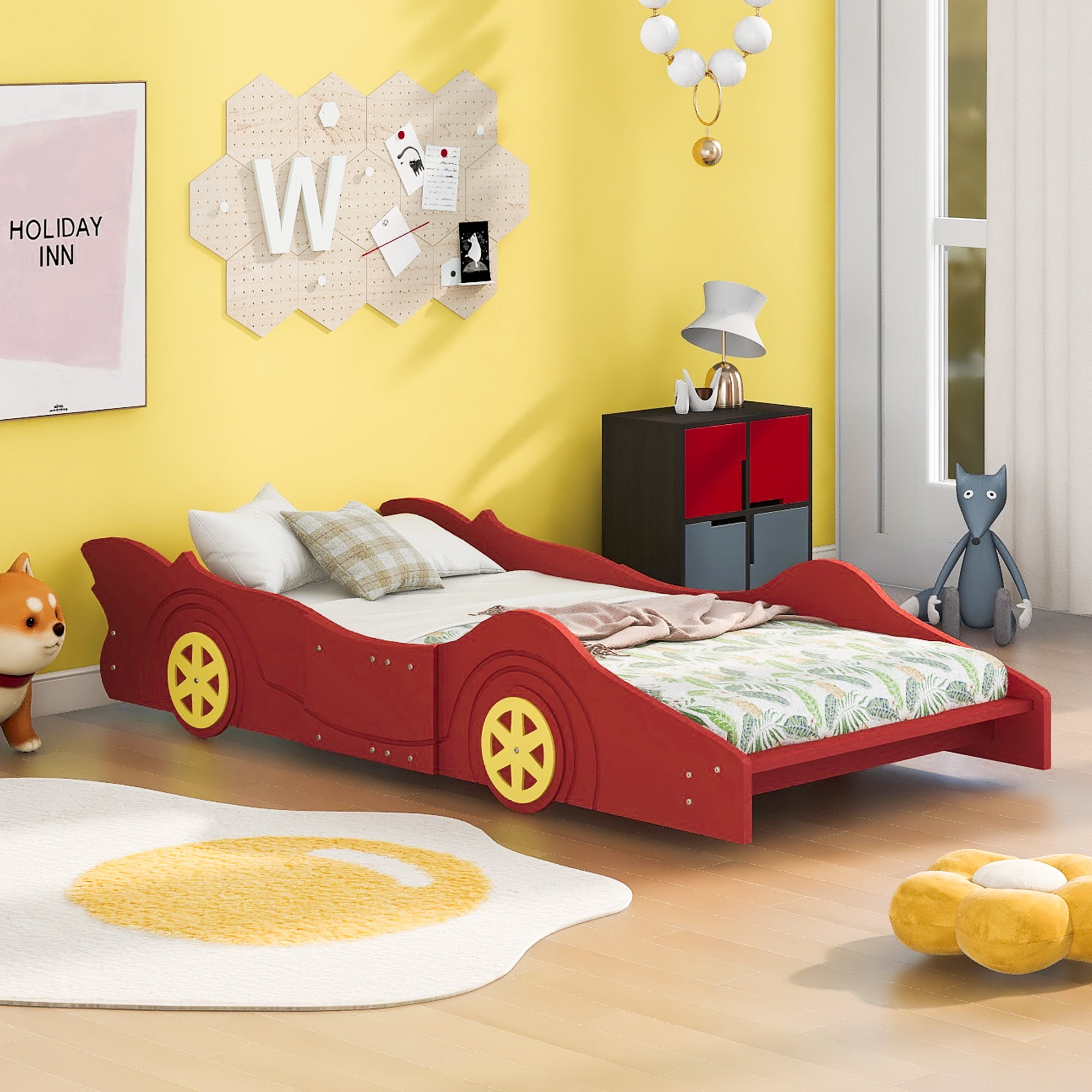 Twin Size Metal Car Bed with Four Wheels, Race Car Bed with Storage Shelf,  Lightning McQueen Bed, Twin Bed for Kids Boys & Girls, No Box Spring Needed