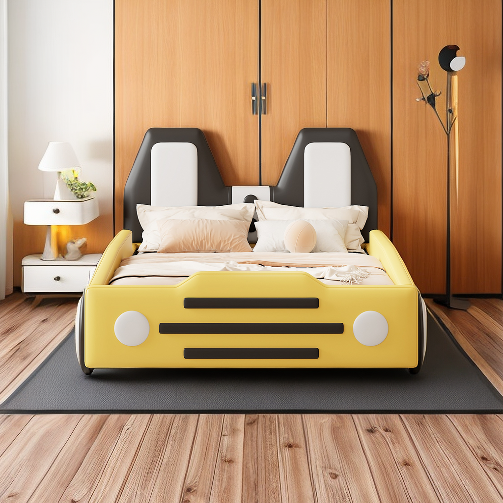 Twin Size Race CarShaped Platform Bed with Wheels, Bed Frame with