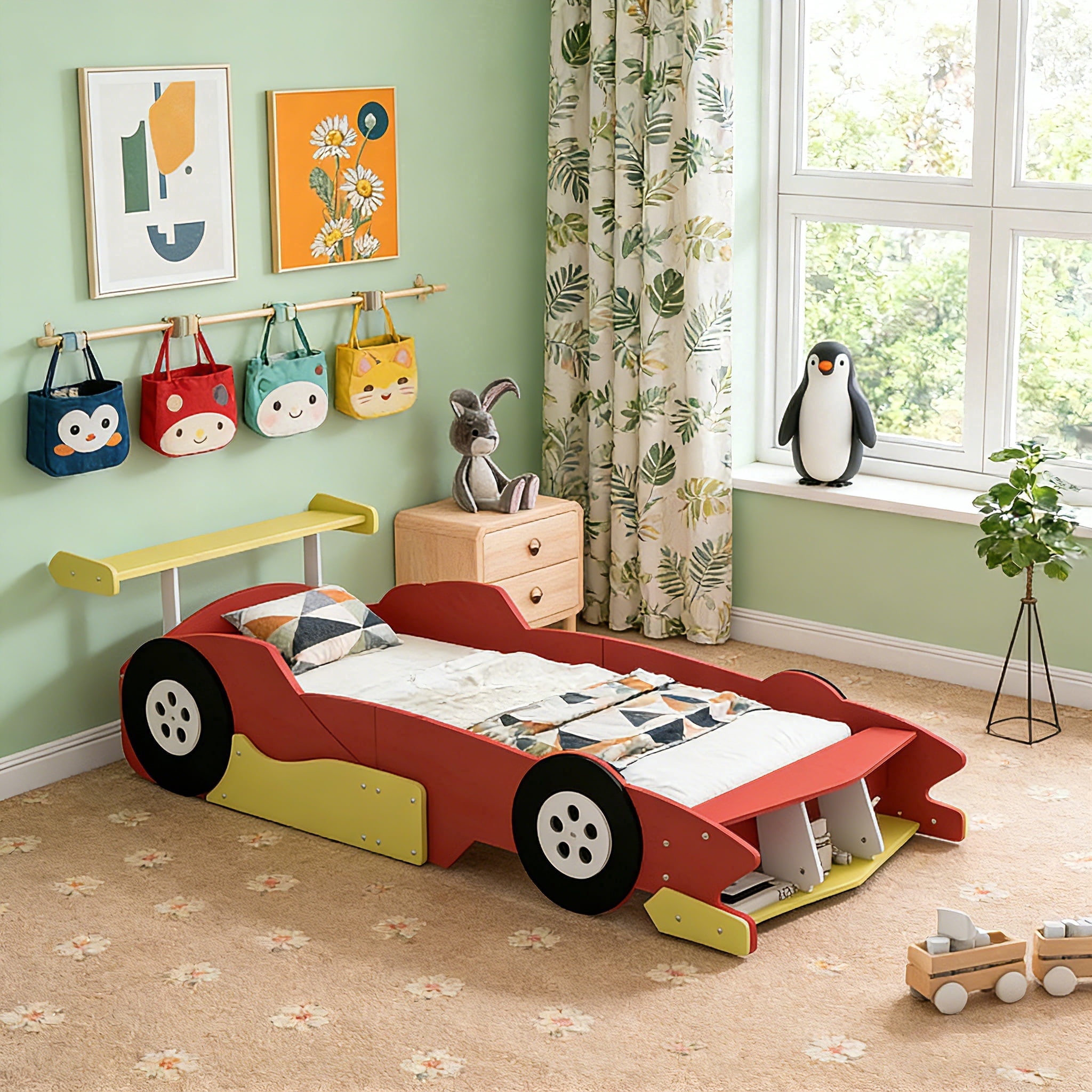 Twin Size Race Car-Shaped Platform Bed with Decorative Wheels, Low-Profile Frame, No Box Spring Needed