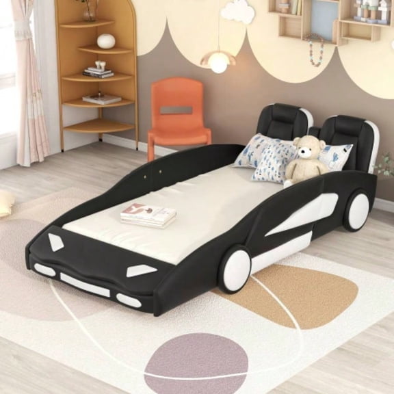 Twin Size Race Car - Shaped Platform Bed with Wheels, Black