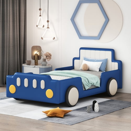 Twin Size Race Car Shaped Platform Bed with Wheels and Safety Rails, Blue