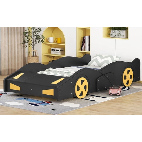 Twin Size Race Car-Shaped Platform Bed with Wheels and Storage, Black+Yellow
