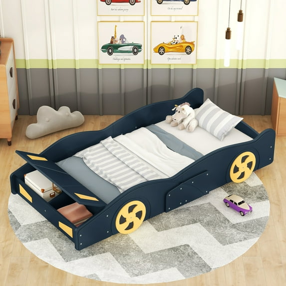 Twin Size Race Car-Shaped Platform Bed with Wheels and Storage, Dark Blue&Yellow 59AAC